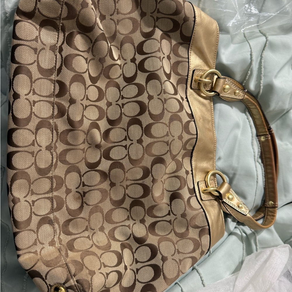 Coach Brown and Gold Shoulder Bag with Signature Monogram